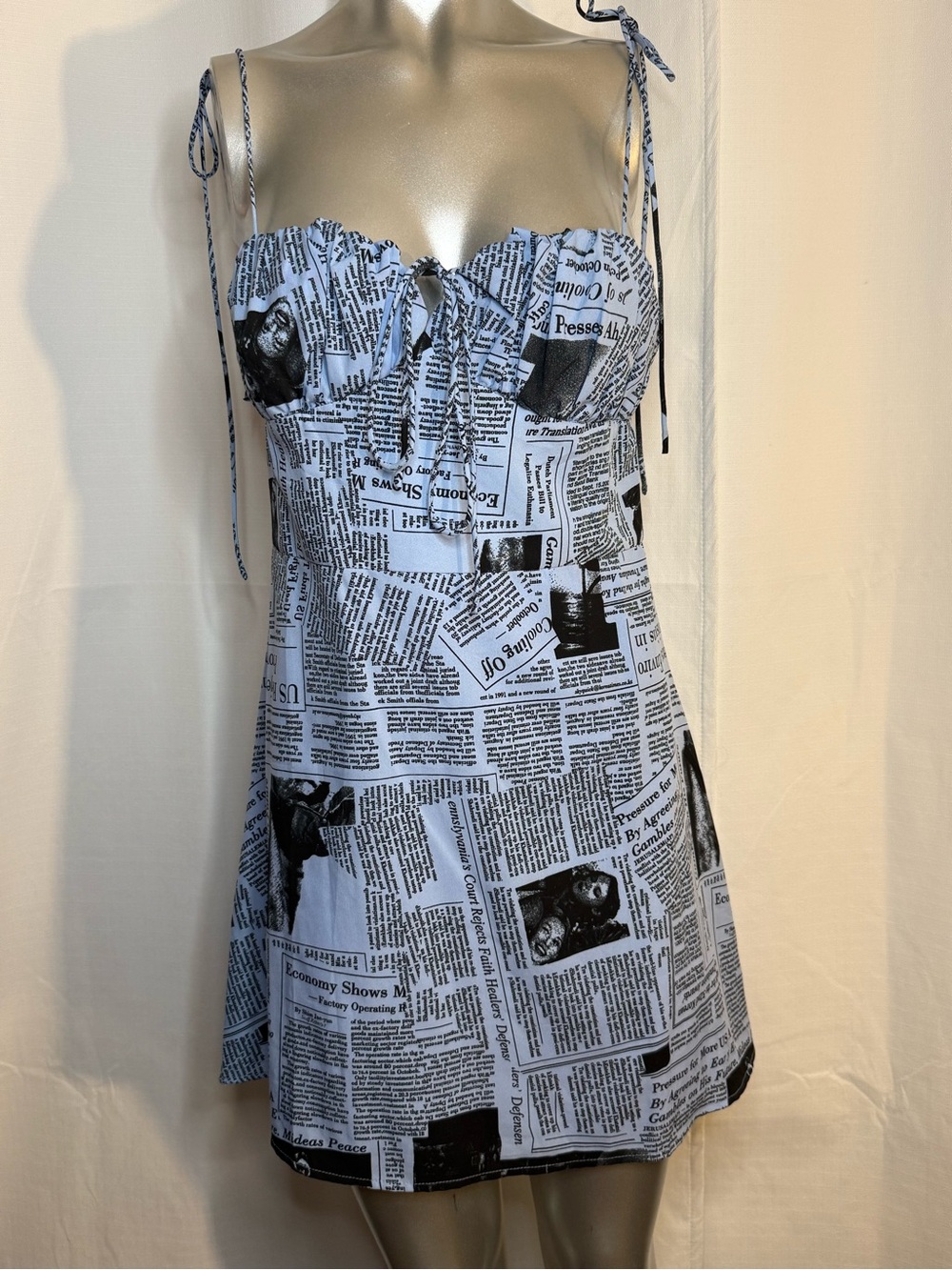 Fashion Nova Newspaper Print Tie-Shoulder Mini Dress - White/Black
